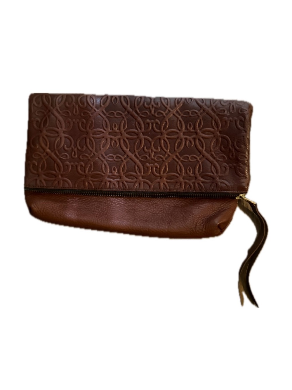 Alex and Ani Embossed Brown Leather Zip Clutch